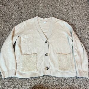 JJILL Beige Textured Pocket Button Front V Neck Cardigan Sweater Women L